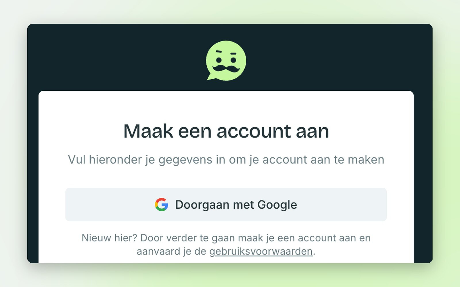 Het registratiescherm van HeyFrank met Frank bovenaan en de knop Doorgaan met Google.