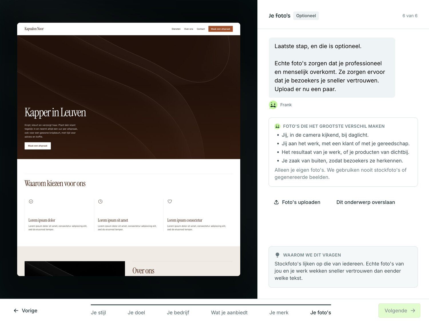 Onboarding in HeyFrank: links het live voorbeeld van de website van Kapsalon Noor, rechts de vragen van Frank.