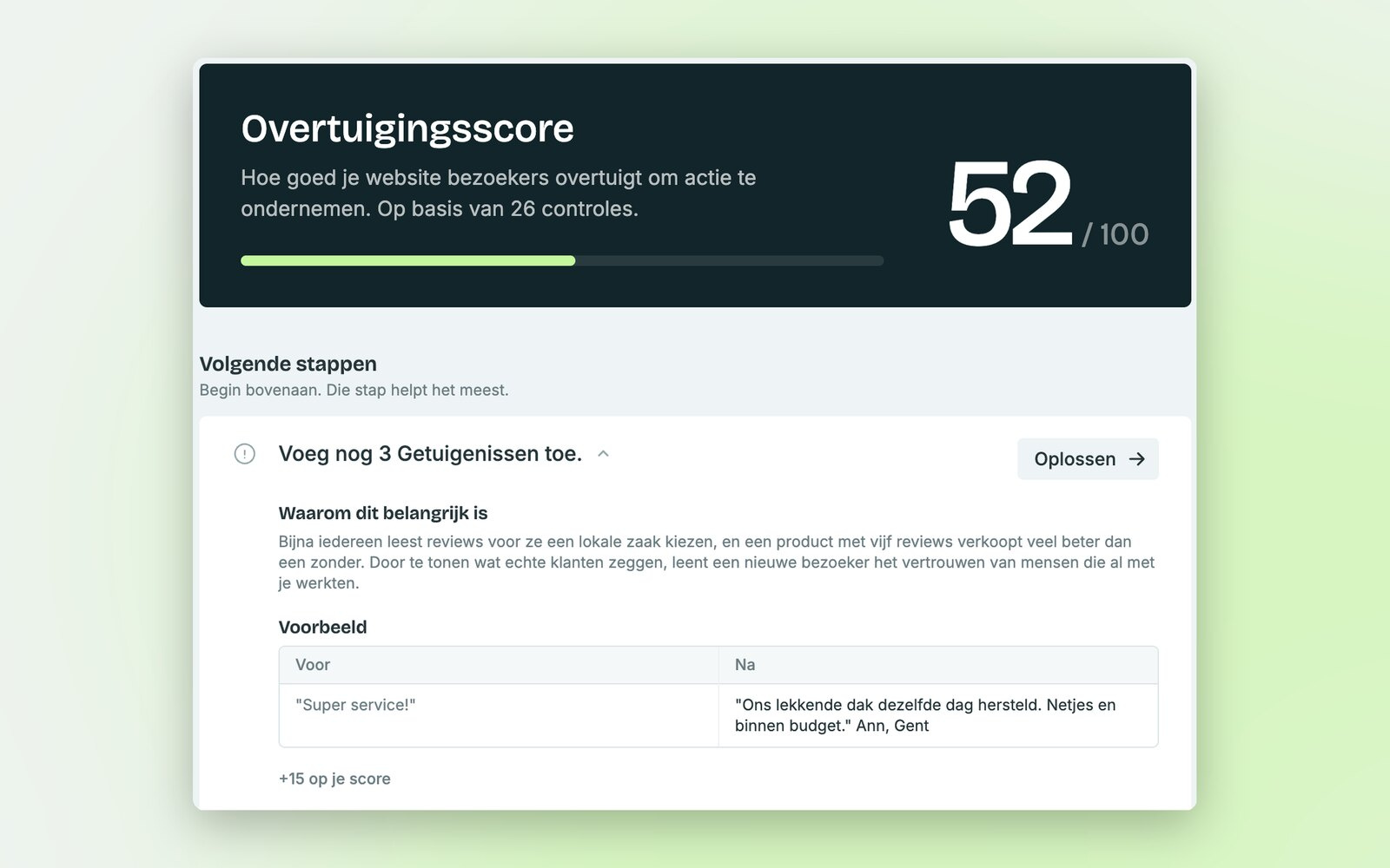 Overtuigingsscore van 52 op 100 met als eerste stap drie getuigenissen toevoegen, waarom dat belangrijk is en een voorbeeld.