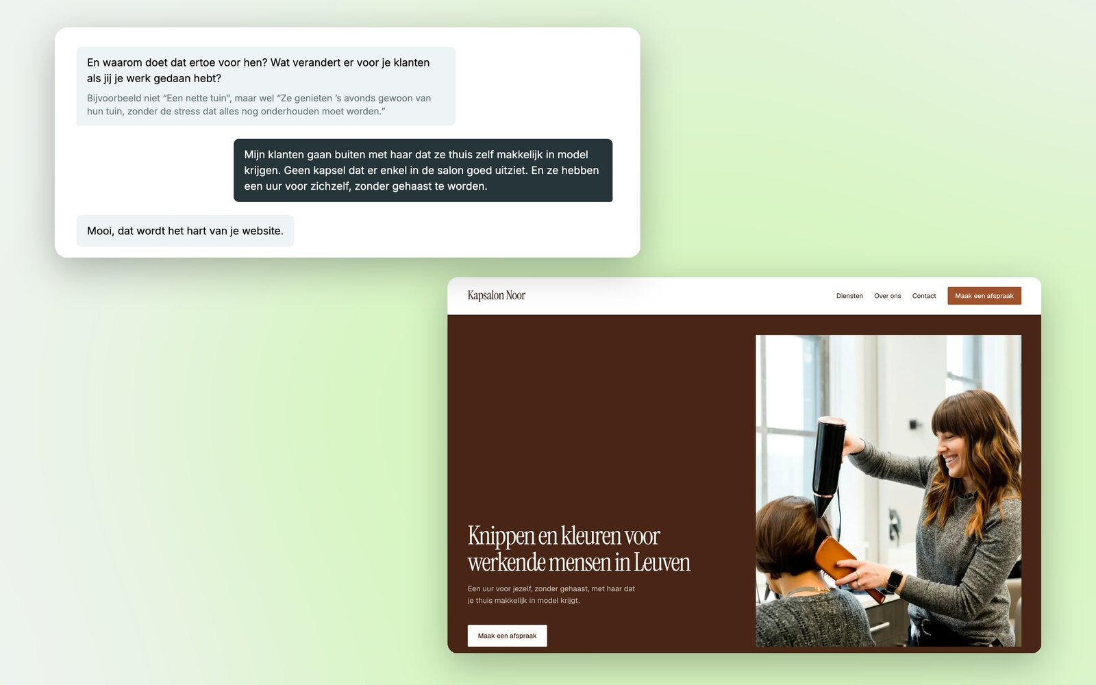 Links het antwoord van de kapster in haar eigen woorden, rechts de titel en ondertitel die Frank daaruit voor haar website schreef.