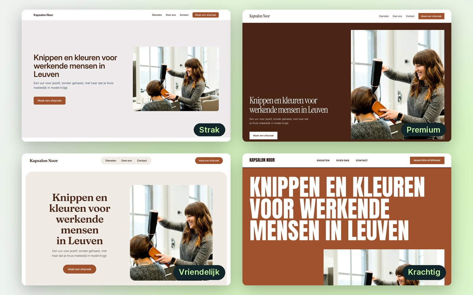 Dezelfde website van Kapsalon Noor in de vier stijlen: Strak, Premium, Vriendelijk en Krachtig.