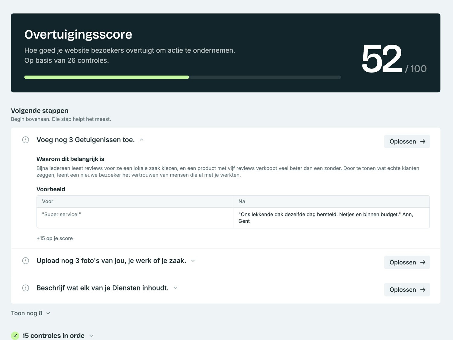 Overtuigingsscore van 52 op 100 met de volgende stappen, zoals drie getuigenissen toevoegen, en waarom dat belangrijk is.