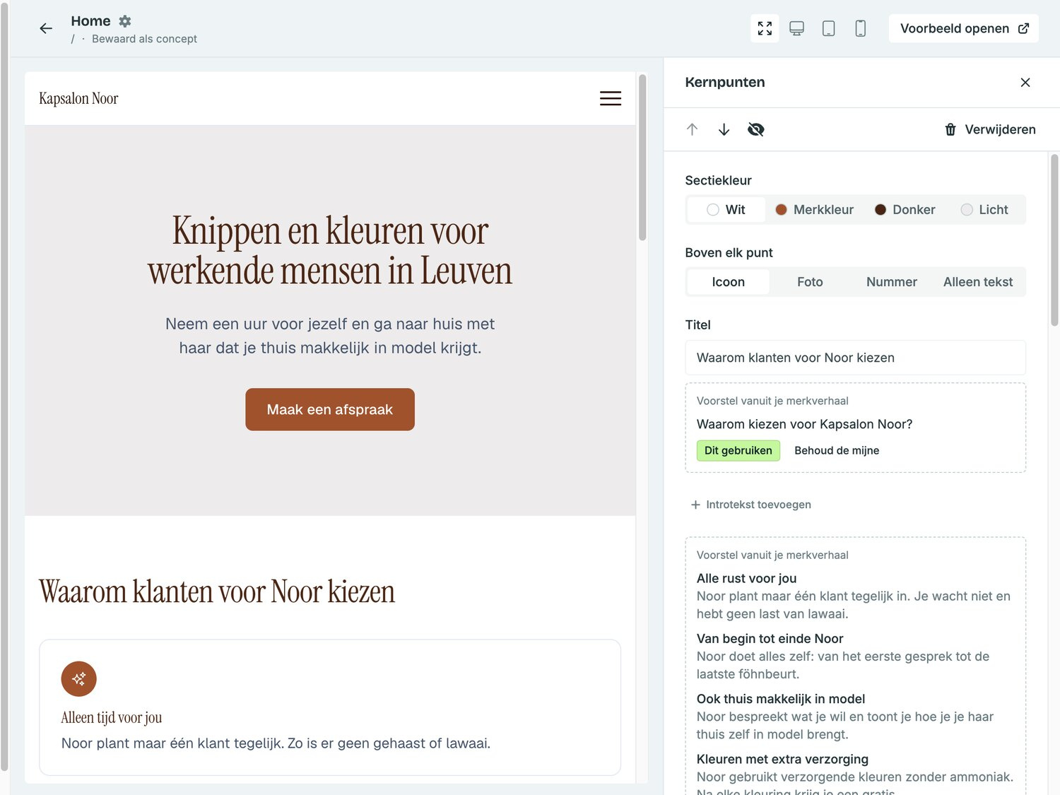 De pagina-editor met een voorstel vanuit het merkverhaal, met de keuze tussen Dit gebruiken en Behoud de mijne.